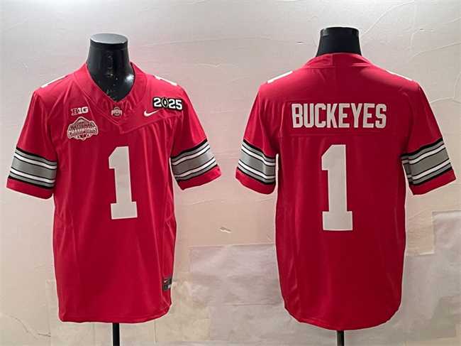 Mens Ohio State Buckeyes #1 Buckeyes Red 2025 CFP Final With National Champions Patch F.U.S.E. Vapor Limited Stitched Jersey
